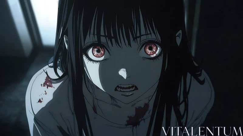 Terrified anime girl stares upward in a dark, bloodstained room