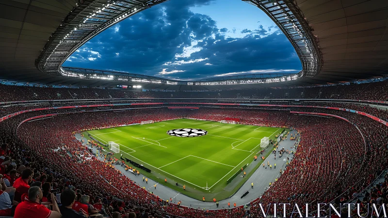 Electric soccer stadium glows under a dramatic evening sky
