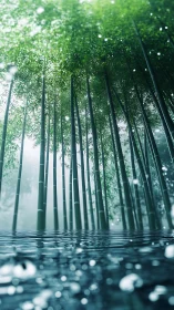 Digital bamboo forest over reflective water in soft mist.