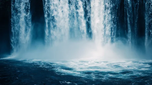 Rushing blue waterfall pours into a misty, swirling pool
