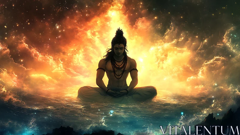 Cosmic yogi meditates in radiant celestial waters.