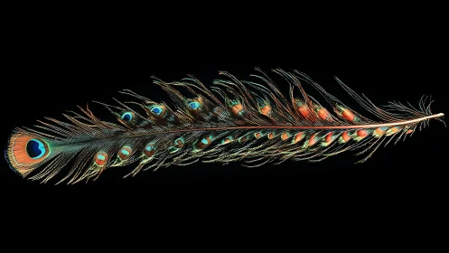 Iridescent peacock feather macro on deep black background.
