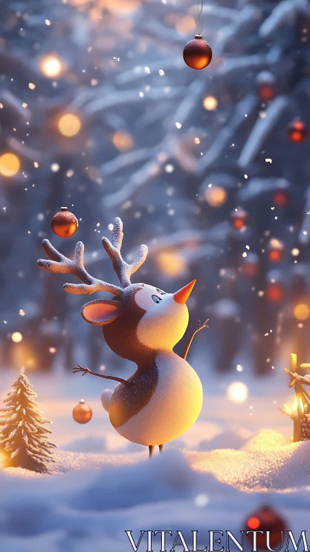 Snowy woodland reindeer gazing at glowing ornaments.