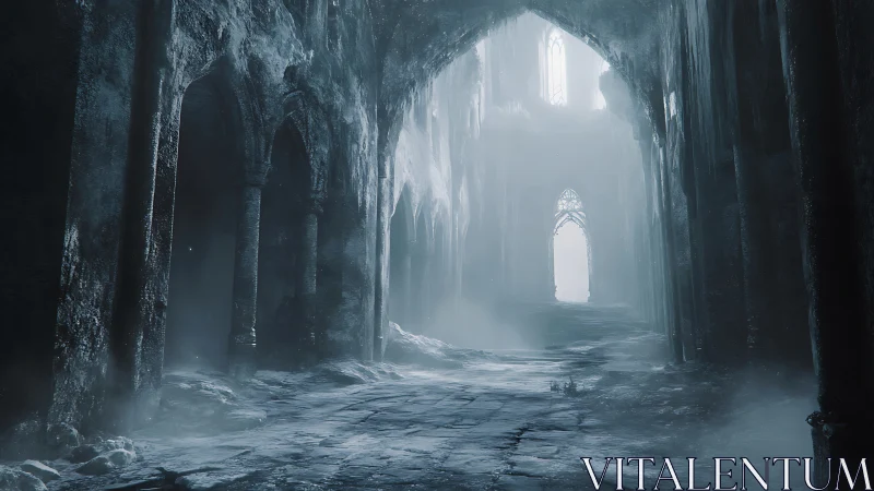 Frozen gothic cathedral corridor under pale mist light.