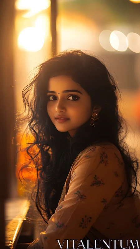 Golden hour portrait glows around a thoughtful young woman