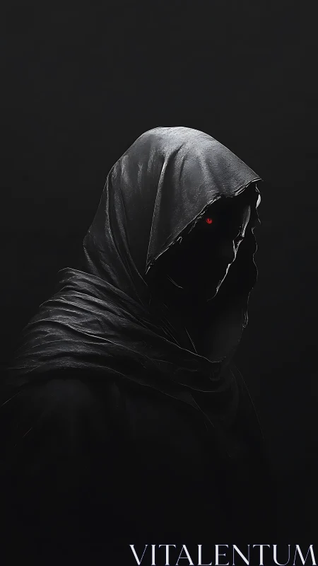 Hooded cybernetic wraith in high-contrast chiaroscuro portrait