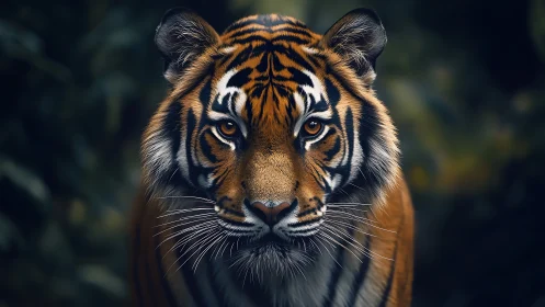 Telephoto close-up of tiger portrait in low-key forest light