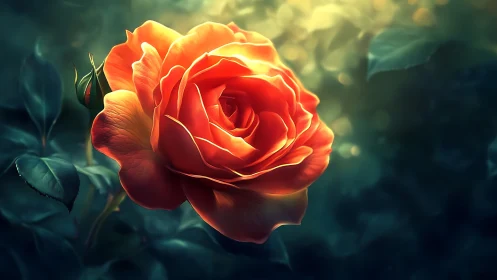 Red Rose with Glowing Petals Against Dark Blurred Background