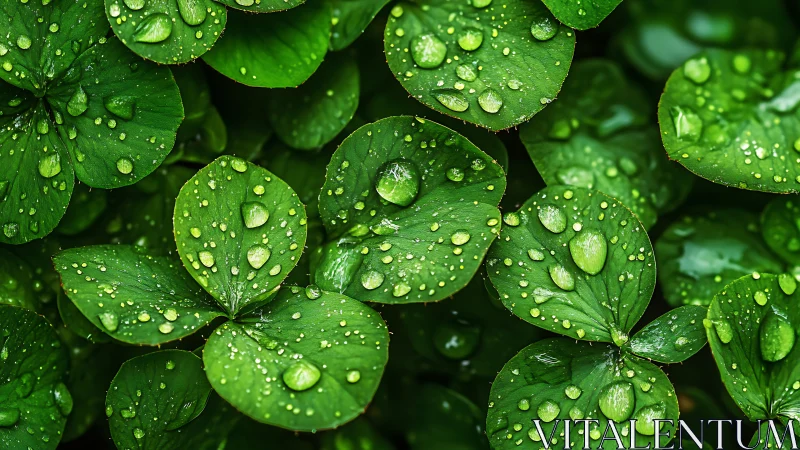 Gentle clover leaves cradling bright morning raindrops.