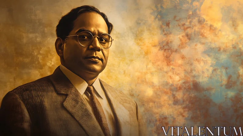 Stoic suited man stands before textured golden backdrop