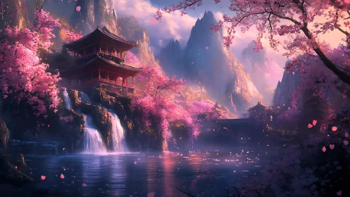 Serene pagoda above waterfalls amid luminous cherry blossoms