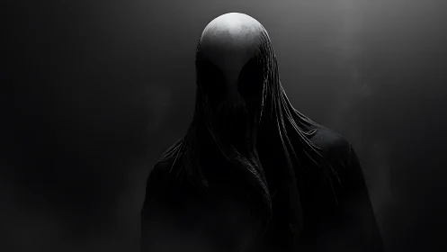 Nocturnal cranial wraith with obscured facial topology.