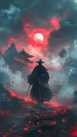 Scarlet Moon Ronin crossing stormlit embers of the sky.