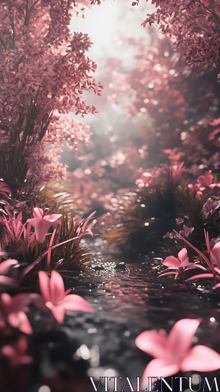 Pink forest stream scene shows stylized foliage and water