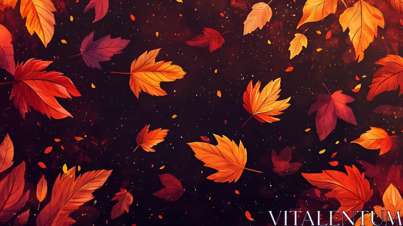 Autumn foliage scatter with glowing orange maple leaves on nebula field