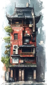 Weathered red tower quietly negotiates sky and city grit