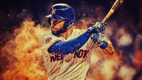 Baseball hitter in mid swing against fiery background.