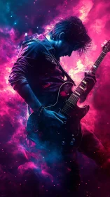 Electric guitarist in neon smoke with intense stage energy.