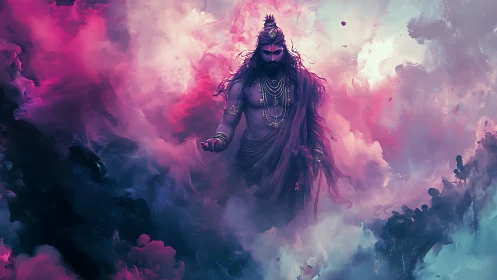 Central robed figure stands amid dense magenta and cyan vapor