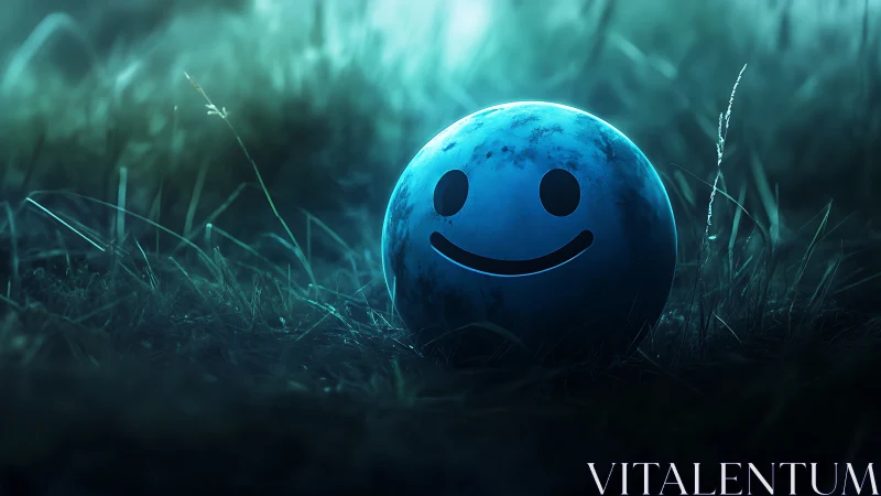Smiling sphere resting in dewy, cyan-tinted twilight grass.