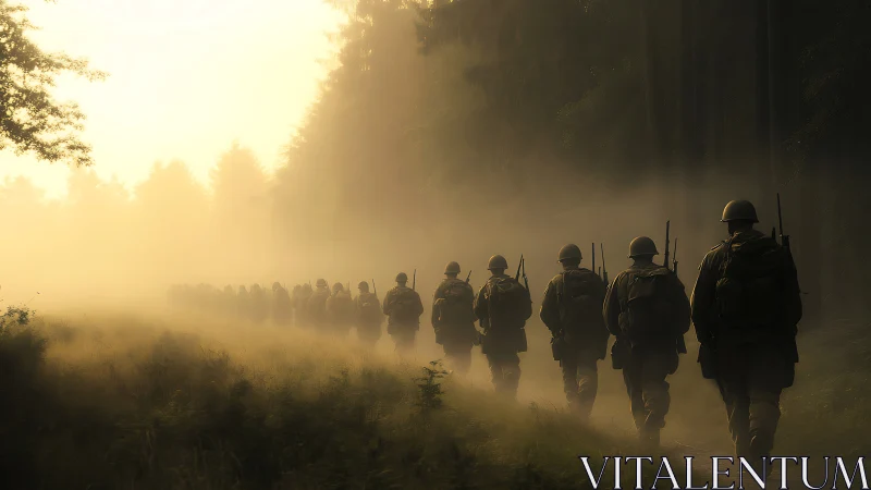 Soldiers advancing through misty forest trail at sunrise.