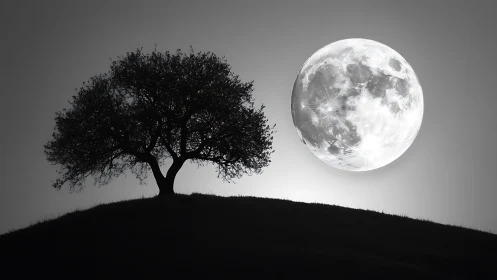 Lone hilltop tree courting an oversized silver moon.