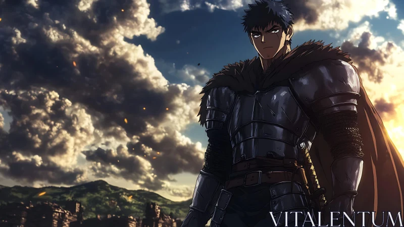 Armored warrior stands against storm-lit sky in anime realism