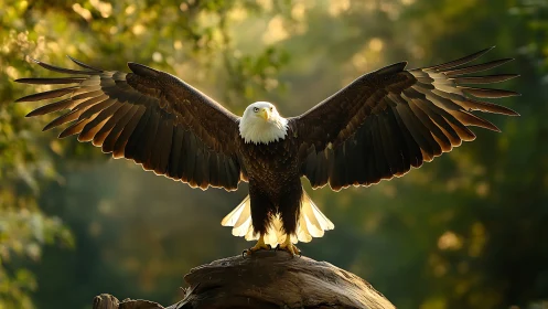 Majestic bald eagle with wings spread wide in golden forest light.
