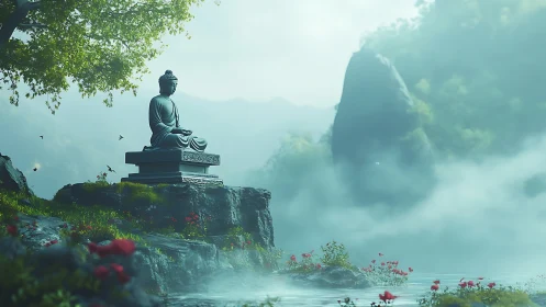 Serene Buddha statue above misty lake in lush valley.