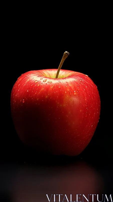 Red apple with water drops on black background, close view.