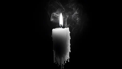 Solitary melting candle whispering smoke into darkness.