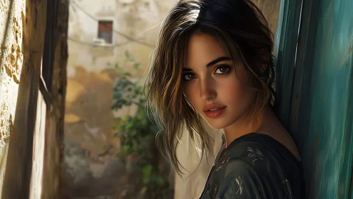 Photorealistic female portrait in sunlit Mediterranean alley