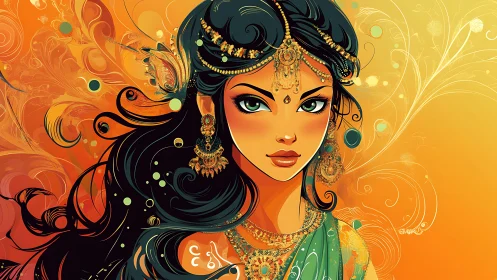 Regal woman portrait with jeweled adornments on orange field.