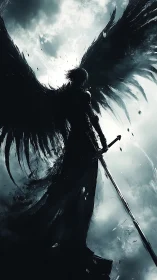 Dark winged guardian standing strong in a stormy sky.