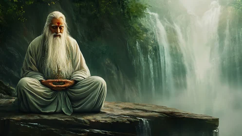 Elderly sage meditating above misty waterfall in digital painting
