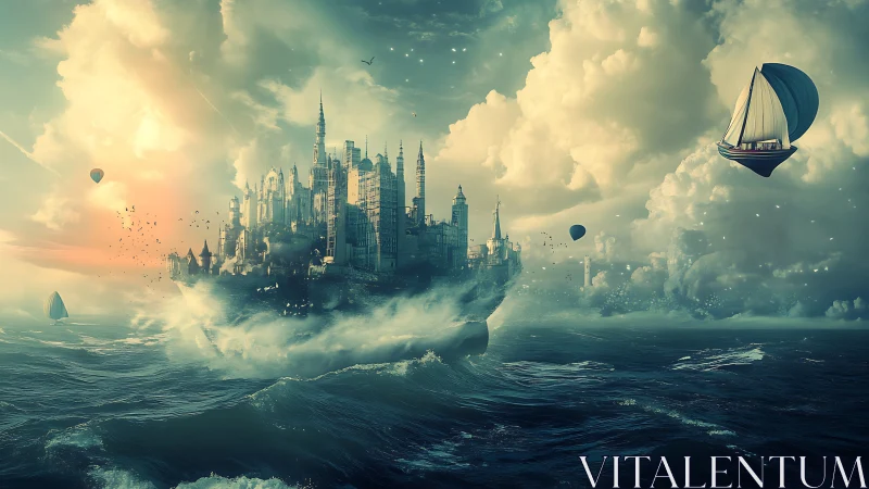 Floating city mass above rough sea with sailing vessels.