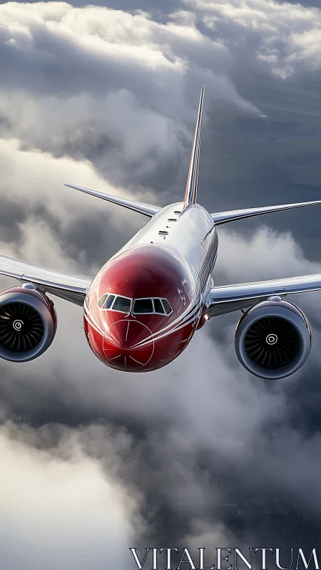 Crimson airliner gliding confidently through soft white clouds.