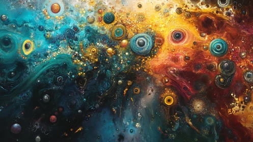 Cosmic nebula orbs swirl through teal and molten gold space.