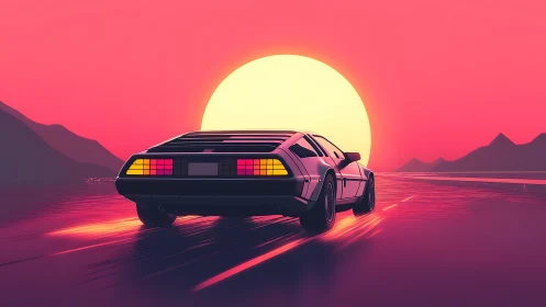 Retro neon coupe against oversized synthwave sunset horizon.