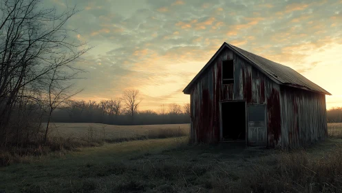 Weathered timber barn under stratified dawn sky illumination.