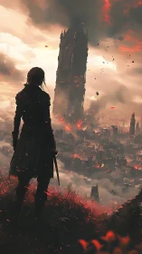 Lone warrior surveys burning tower above ruined cityscape.