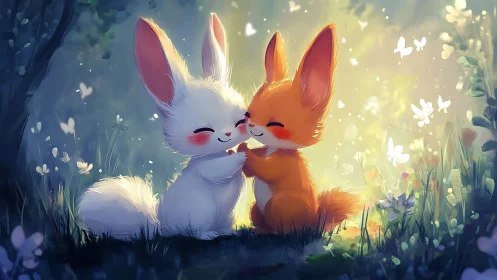 Enchanting forest bunnies share a tender, glowing embrace.