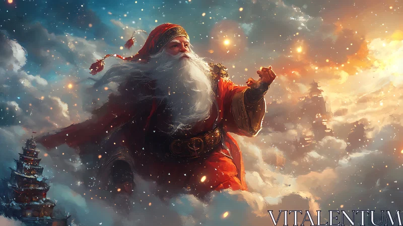 Elderly robed figure traverses illuminated stratiform clouds