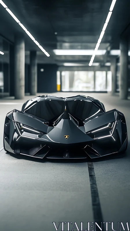 Futuristic low-angle view shows angular black supercar parked