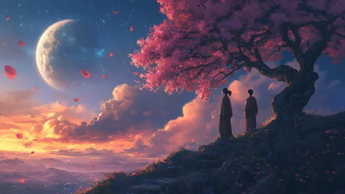 Stargazing pilgrims trade quiet wishes beneath lunar bloom