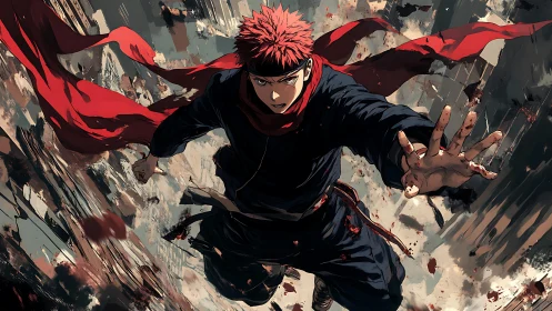 Scarlet-scarfed warrior dives through shattering chaos sky.