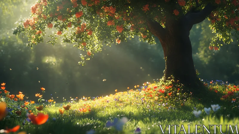 Sunlit blossom tree watching over a dreamy flower meadow.