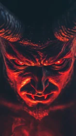 Demonic horned figure with glowing red eyes and fangs.