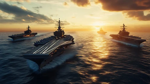 Sunset steel armada carves bright paths across the sea