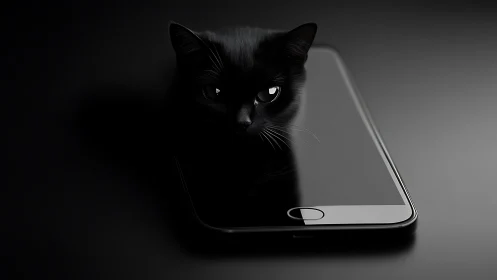 Black cat portrait emerging from smartphone display.